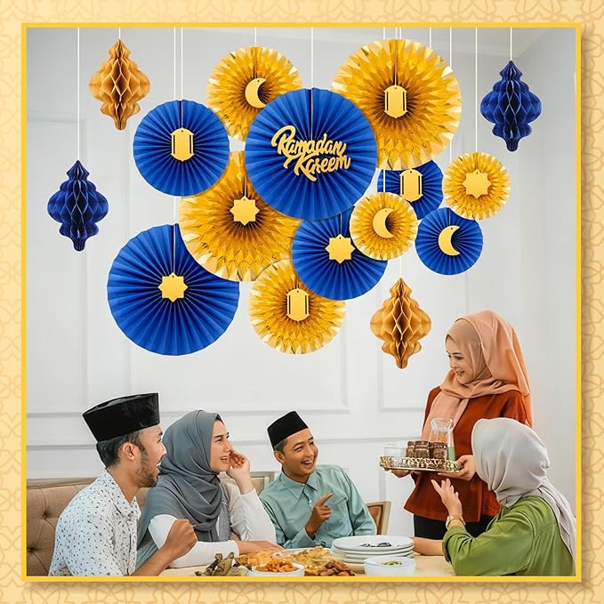 Epakh 29 Pcs Ramadan Decorations for Home Ramadan Hanging Paper Lantern Eid Wall Ceiling Decoration Honeycomb Paper Fan Eid Mubarak Home Decoration Birthday Wedding Party Supply(Blue & Gold)