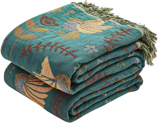 Boho Throw Blanket, 100% Cotton Ultra Soft Luxury Throw Rustic Quilt, 90"x98" Floral Printed Farmhouse Decor Bed Summer Blankets, All Season Rustic Reversible Bohemian Throw for Bed - Blue