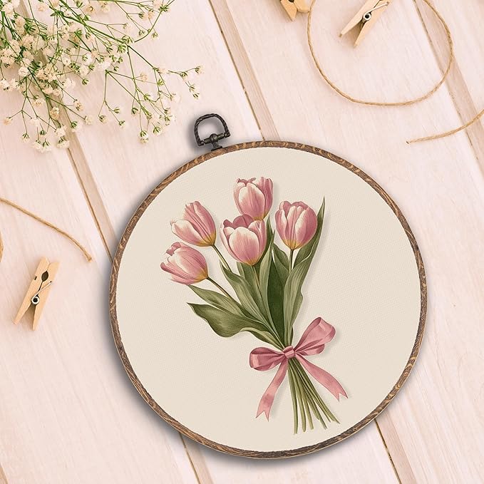 Pink Coquette Bow Tulip Bouquet Floral Round Wall Art Framed, Pink Floral Round Wall Decor, Vintage Flower Hanging Canvas Prints Wall Sculptures for Home Bedroom Living Room Decor, 10x10 Inch