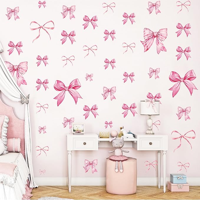 Pink Bow Wall Stickers, 8Sheets 46Pcs Bow Knot Wall Decals Watercolor Bow Wallpaper Peel and Stick for Nursery Kindergarten Girls Bedroom Coquette Room Décor
