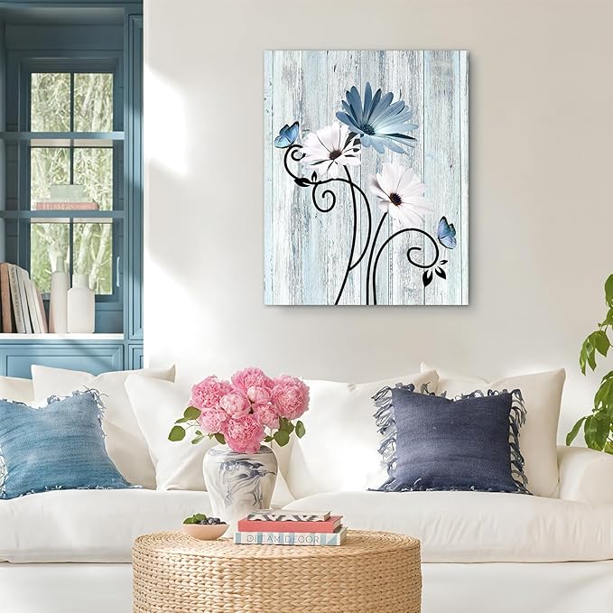 HVEST Blue Floral Wall Art Rustic Farmhouse Daisy Butterfly Bathroom Art Decor Vintage Flower Wall Decor for Living Room Bathroom Bedroom Office, 20L x 16W Inches