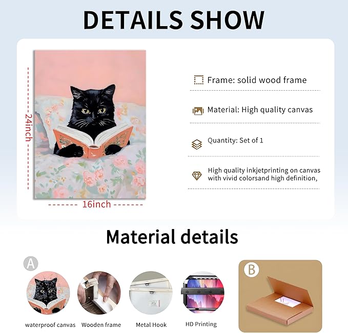 Framed Cats Canvas Wall Art, Funn Black Cat Reading Books Picture Wall Decor, Pink Vintage Animal Poster Prints for Girls Room Bedroom Kids Room Living Room Bathroom Decor 16x24 inch