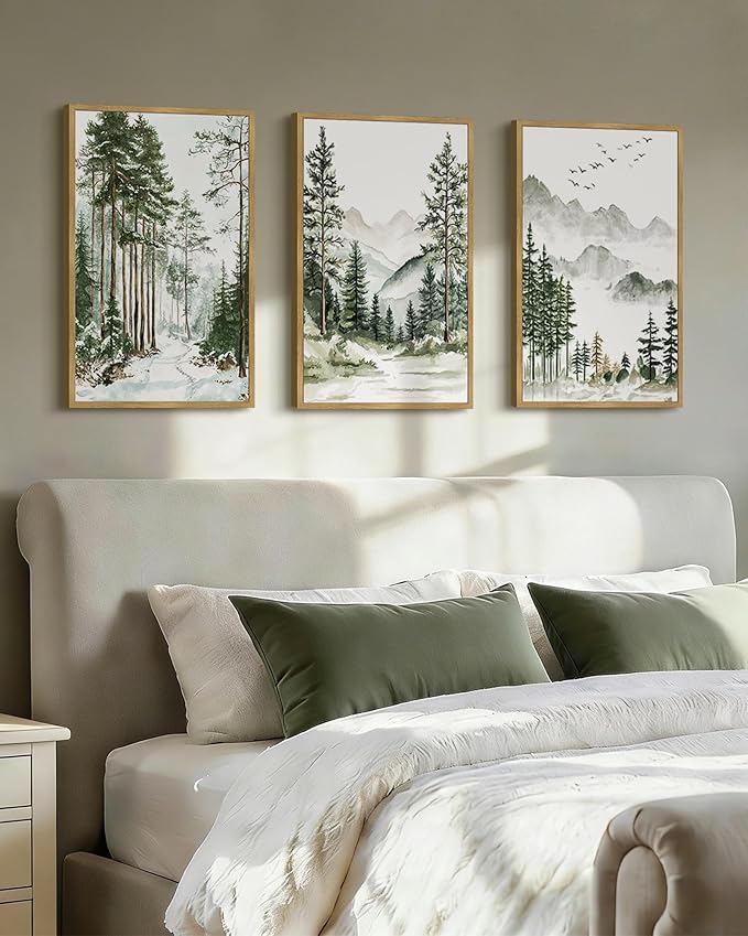 Drsoum Green Tree Forest Mountain Framed Wall Art Nature Landscape Prints Morden Wilderness Artwork Hallway Bedroom Ready to Hang 16x24in Natural Framed