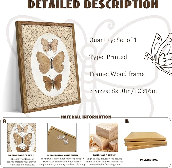 Framed Butterfly Canvas Wall Art, Vintage Butterfly Pictures Posters Wall Decor, Modern Farmhouse Decor, Rustic Retro Butterflies Paintings Prints for Bedroom Bathroom Shelf 12x16 inch