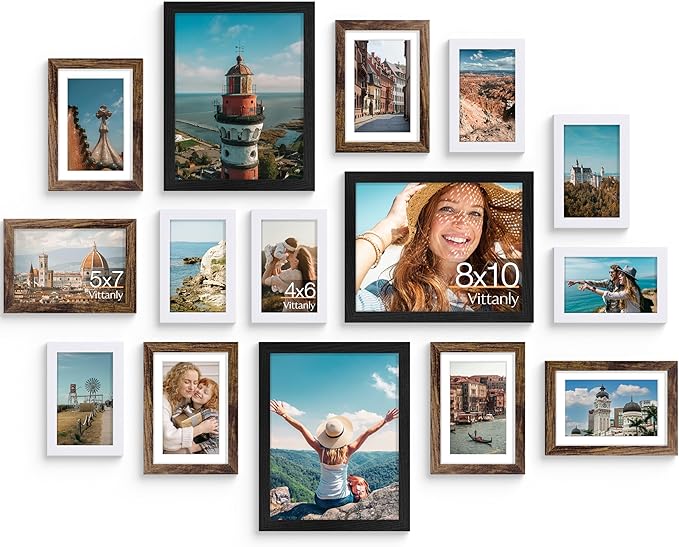 Vittanly 15 Pack Picture Frames Collage Wall Decor, Multi Sizes Including 3pcs 8x10, 6pcs 5x7 and 6pcs 4x6 Photo Frames, Gallery Frame Set for Wall or Tabletop Display, Black, Brown and White