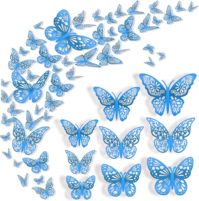 72 Pcs 3D Butterfly Wall Decor - 3 Styles, 3 Sizes, Blue, Wedding & Birthday Party Decorations