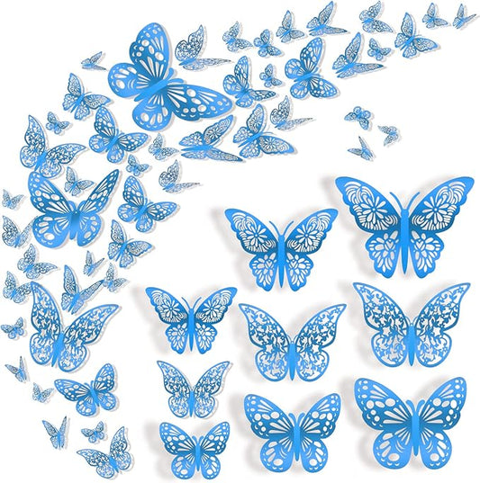 72 Pcs 3D Butterfly Wall Decor - 3 Styles, 3 Sizes, Blue, Wedding & Birthday Party Decorations