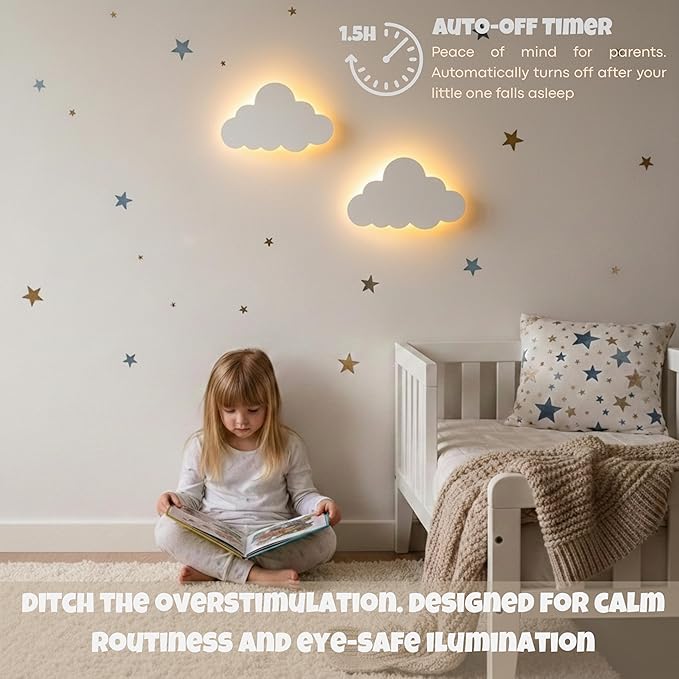 Cloud Wall Lights 2 Pack for Nursery – Dimmable & Rechargeable Night Lights for Baby Room Decor (Star Decals Included)