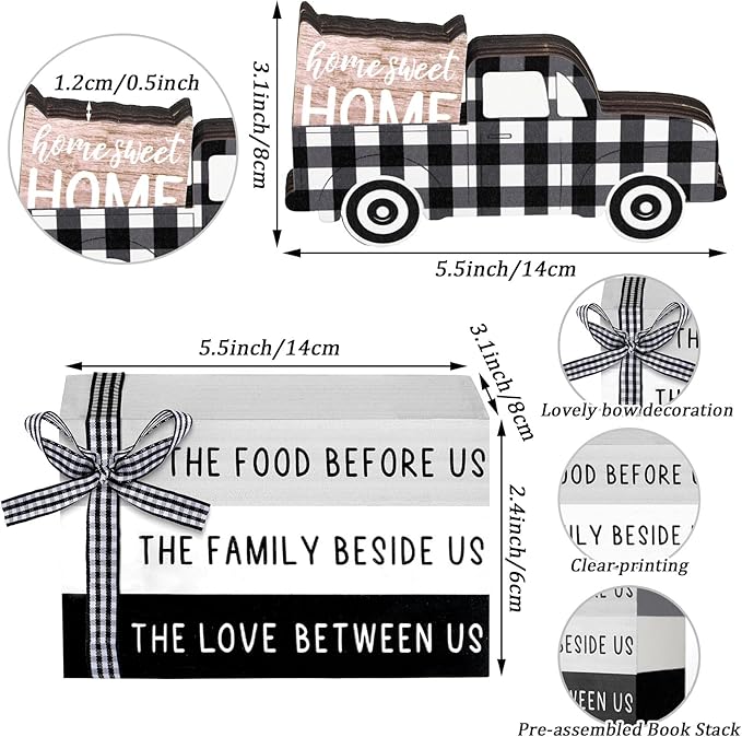 Jetec 4 Pcs Farmhouse Wooden Tabletop Decor Farmhouse Rustic Tiered Tray Decor Home Sweet Home Centerpiece Black and White Truck Buffalo Plaid Tabletop Sign for Kitchen Shelf Desk Decoration