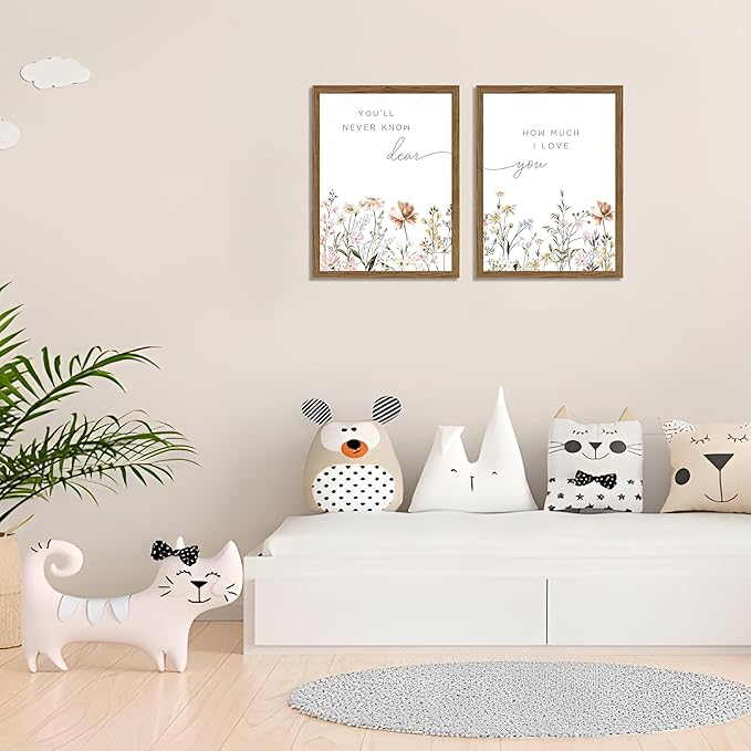 Wood Framed Wildflower Nursery Wall Art Set of 2, Boho Flower Botanical Wall Decor Paintings, Baby Girl Nurseries Pictures Posters Prints for Nursery Baby Room Bedroom Home Decoration 16x24 Inch