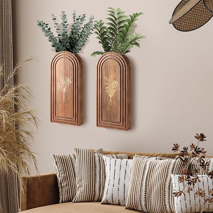 Rustic Wood Wall Planter - Decorative Hanging Vase for Dried Flowers & Artificial Plants, Farmhouse Wall Art Decor for Living Room & Entryway, Set of 2 Faux Greenery Holder (Not for Live Plants)