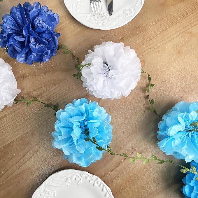 Blue White Party Decorations Ombre Blue Tissue Paper Flowers Pom Pom with Leaf Ribbon Hanging Garland Streamer for Birthday Baby Shower Wedding Under The Sea Nautical Ahoy Achor Party Supplies