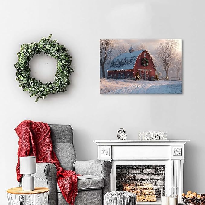 Christmas Farmhouse Canvas Wall Art Red Barn Poster Rustic Snow Country Pictures Wall Decor Winter Scenic Painting Artwork Christmas Tree Prints Picture for Kitchen Dining Room Home Decorations 16x24"
