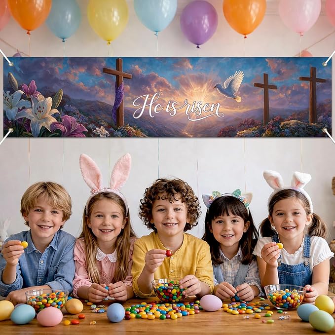 He Is Risen Easter Banner Christian Resurrection Spring Decor 78 x 17 Inch Religious Cross Scene Banner for Church Yard Fence Door Wall Indoor Outdoor Easter Faith Celebration Display
