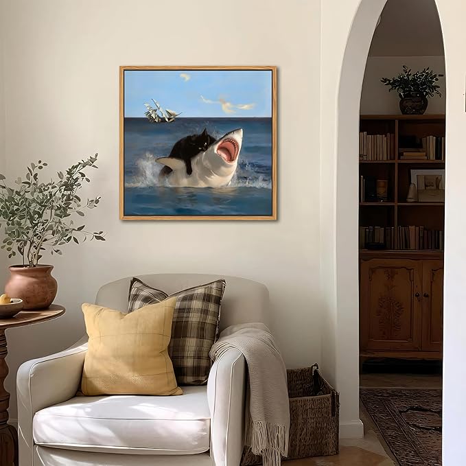 Floating Framed Black Cat Wall Art, Funny Quirky Cat and Shark Pictures Canvas Print, Abstract Black Cat Shark Posters Wall Decor for Room Bedroom Living Room Bathroom Aesthetic 20x20 inch