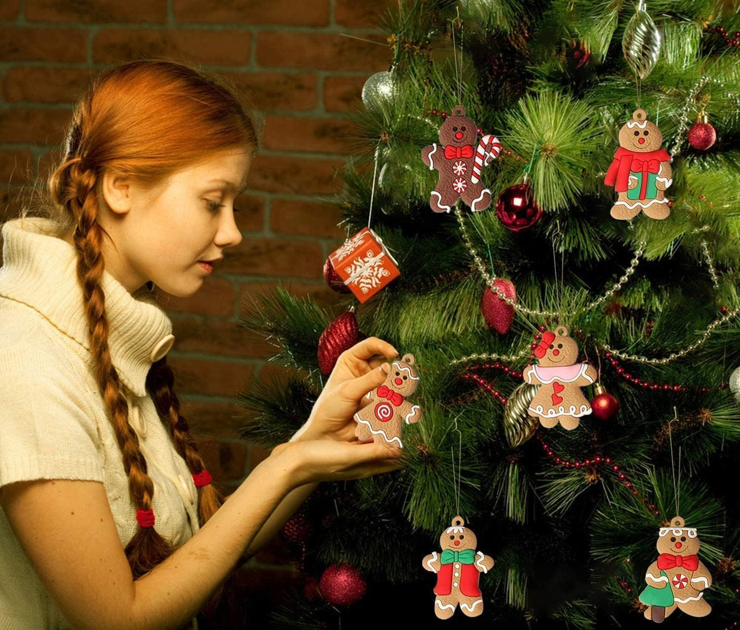 12pcs Gingerbread Man Ornaments for Christmas Tree, Assorted Gingerbread Figurines Ornaments, Christmas Tree Hanging Decorations, 3 Inch Tall