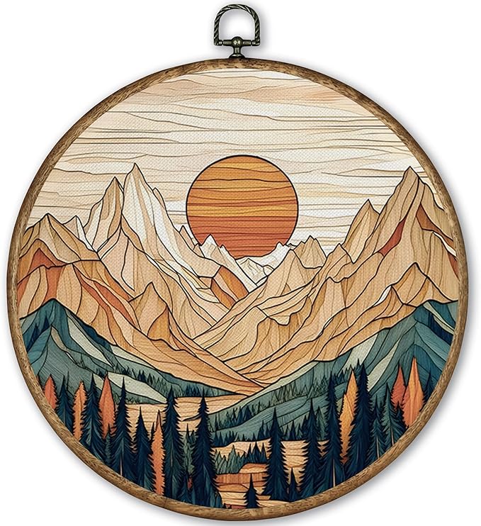 TLESKE Boho Vintage Sun Round Wall Art Decor Framed 10x10, Neutral Sunrise Mountain Woodland Canvas Wall Art Prints Artwork, Gothic Moody Wall Hanging Room Door Decor for Bedroom Living Room
