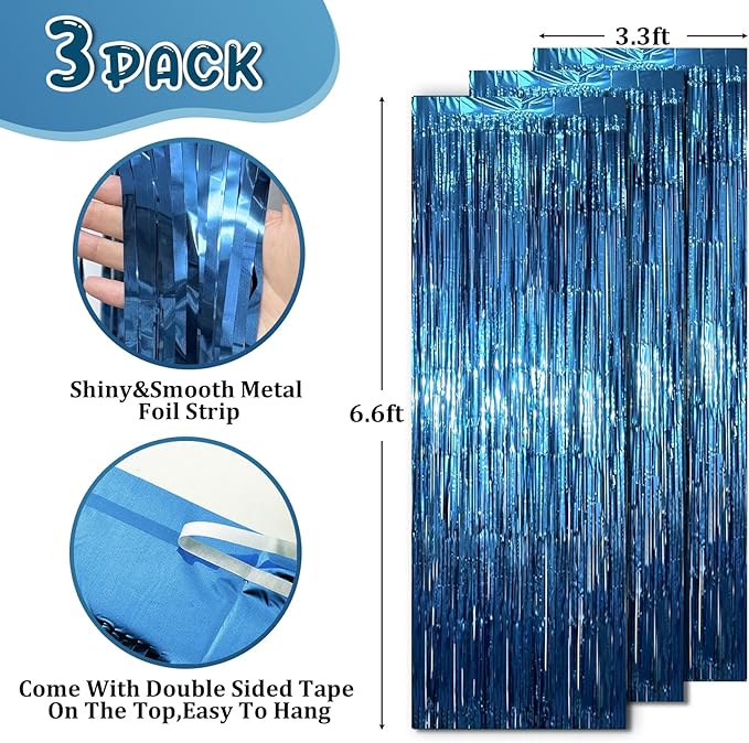 3.3 x 6.6 ft Foil Fringe Backdrop Curtains, Tinsel Streamers Party Decorations, Fringe Backdrop for Birthday, Baby Shower, Gender Reveal, Graduation (3, Retro Blue)