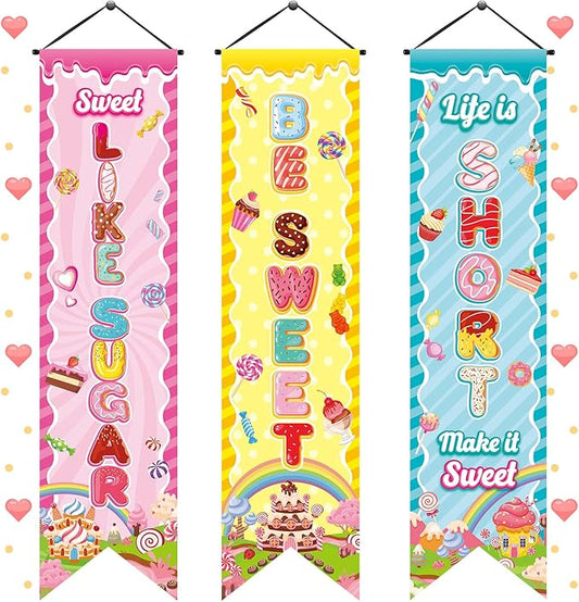 3 Pcs Candyland Party Decorations Sweet Candy Banners Donut Lollipop Porch Sign Candy Land Hanging Flags Photo Props Backdrop Supplies for Outdoor Door Wall Yard Birthday Baby Shower