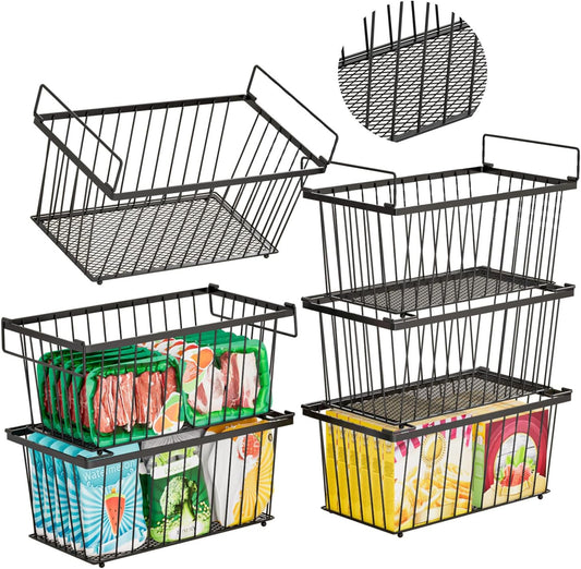 6 Pack Stackable Deep Freezer Organizer Bins ，Upgraded Bottom Leak-Proof net，Encryption and Hardening ， Freezer Organizer Bins for 5 to 9 Cu.FT Small Chest Freezer， Easy Get Bottom Foods