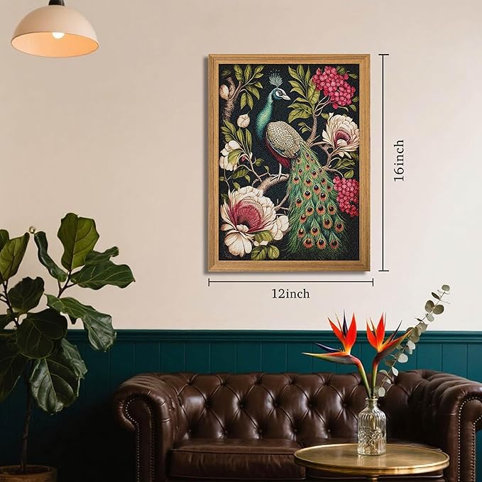 Framed Vintage 3D Textured Wall Art, Hand Drawn Sandstone Peacock Wall Decor, Modern Farmhouse Decor, Rural Botanical Floral Picture Painting Artwork for Living Room Bedroom 12x16 inch