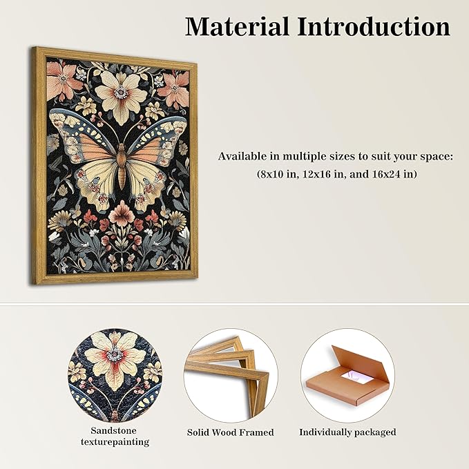Hand Drawn Sandstone Nature Floral Wall Art, Framed Vintage 3D Textured Butterfly Wall Decor, Gothic Style Flower Insect Print Painting for Living Room Bedroom Home Decor 16x24 inch