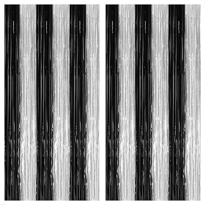 KatchOn, XtraLarge Black and Silver Fringe Curtain - 3.2x8 Feet, Pack of 2 | Black and White Birthday Decorations | Silver and Black Streamers for Graduation Decorations 2026 | Disco Party Decoration