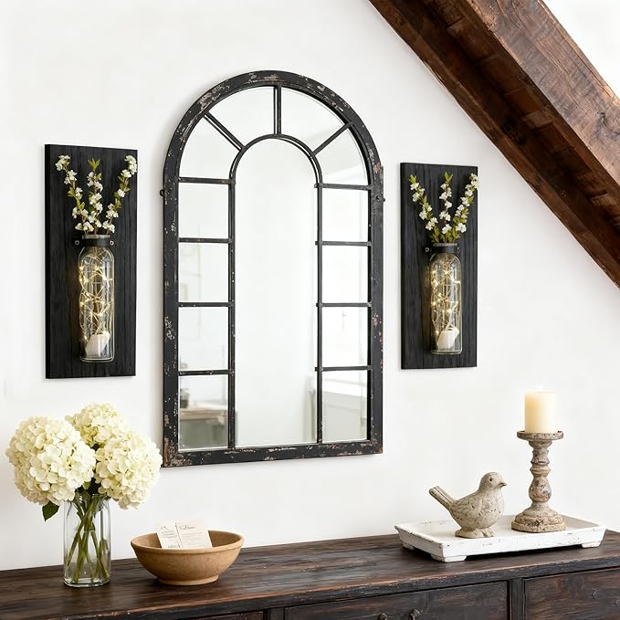 2 Pack Wall Planters for Indoor Plants, Wood Glass Decor for Bathroom, Bedroom Living Room, Modern Farmhouse Wooden Pocket Wall Vases for Dried Flowers and Plastic Plants (Black)