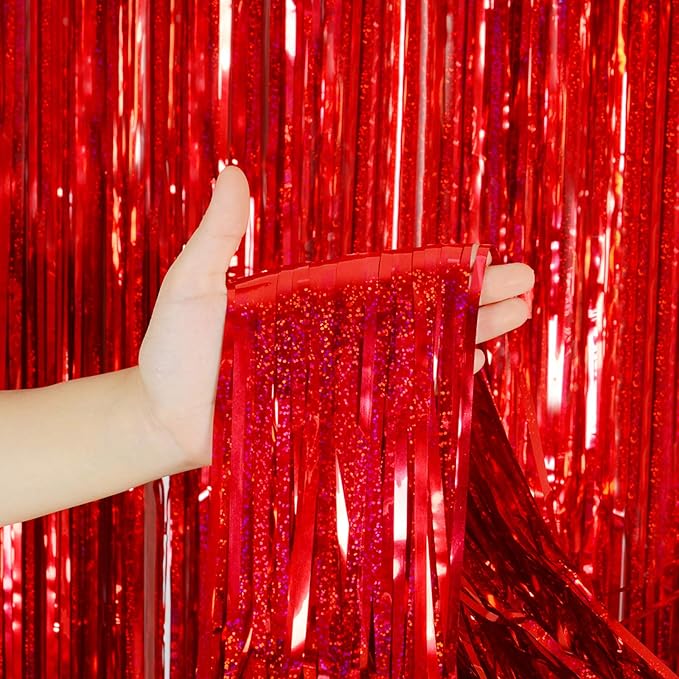 Red Foil Fringe Curtains 3 Pack 3.2 x 8.2 ft Shiny Tinsel Backdrop for Birthday Party Decorations, Photo Booth Background, Red Streamers Decor, Valentines Day
