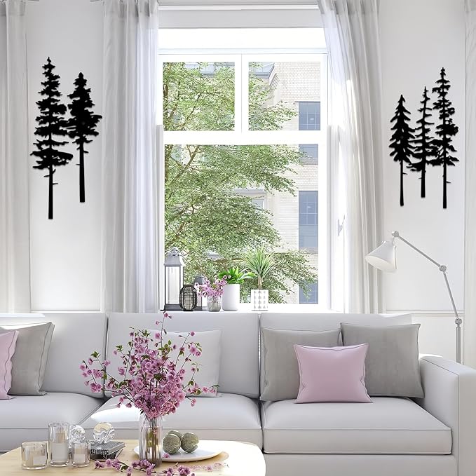 ESTART Metal Pine Tree Wall Art, Metal Tree Wall Decor, Nature Rustic Farmhouse Cabin Decor, Forest Wall Art for Home Living Room Bedroom Office Indoor and Outdoor Decoration (Black)