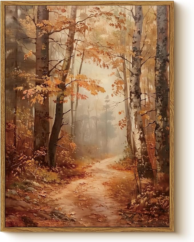 Autumn Forest Framed Canvas Wall Art 12x16 Trees Leaves Trail Artwork, Woodland Path in Fall Colors Landscape Print, Rustic Nature Forest Painting Farmhouse Bedroom Entryway Home Décor