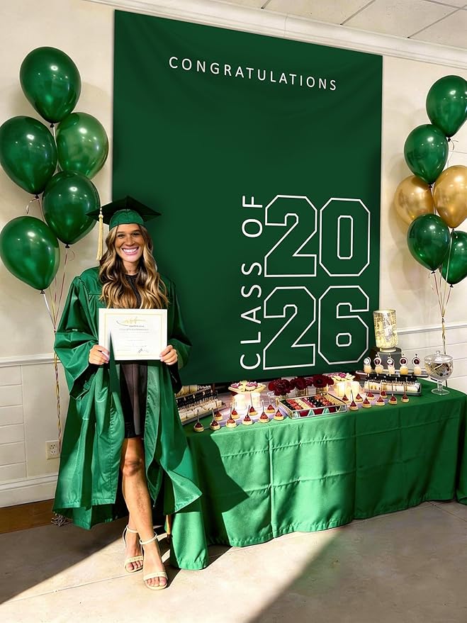 Class of 2026 Graduation Banner 5X6feet - Large CONGRATS GRAD Polyester Banner, Photo Backdrop & Wall Decor for Commencement Party Supplies, Green and White Graduation Party Decorations for High School & College