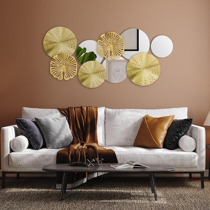 Hicarer 9 Pcs Circle Mirrors Metal Home Decor Wall Decorative Modern Round Accent Wall Art Sculpture Hanging Decorations for Living Room Office Bedroom Kitchen(Gold)