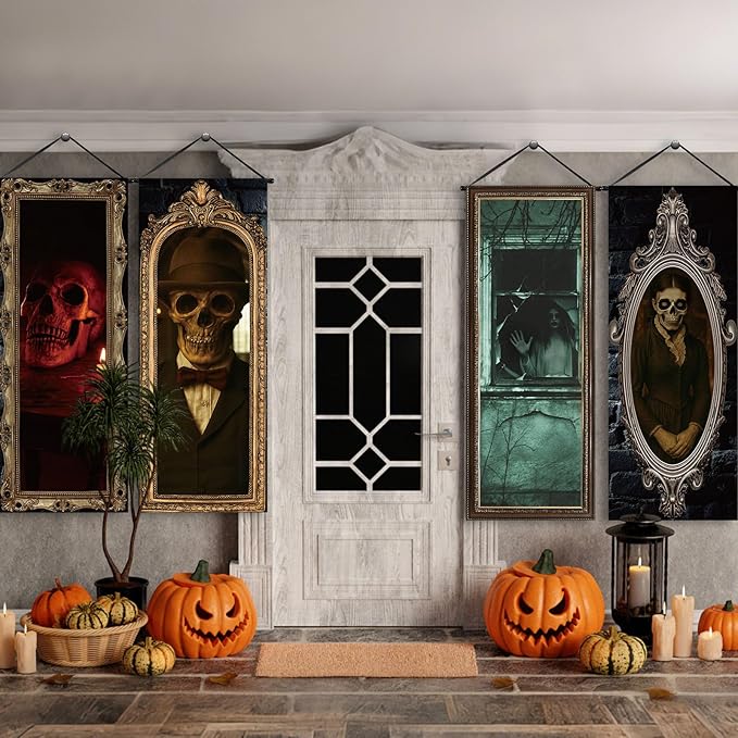 Tiamon 4 Pcs Vintage Christmas Halloween Carnival Porch Banners Retro Santa Clown Stretching Portraits Wall Decorations Gothic Porch Sign Backdrop for Xmas Indoor Outdoor Hanging Decor (Gothic)