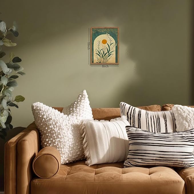Framed Boho Wall Art, Lily of the Valley Emerald Green Sun Canvas, Mystical Country Botanical Wall Decor, Spiritual Flowers Poster Pictures Print for Bedroom Living Room – 8x10 inch