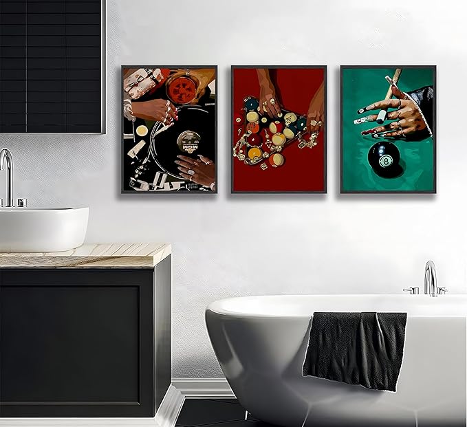 JWDXNOOK 3pcs Fashion Feminine Wall Art Funky Retro Music Wall Decor Fashion Hands Print DJ and Black billiard 8Theme Triptych Paintings Poster for Game Room Bar Living Room Bedroom Decor Unframed