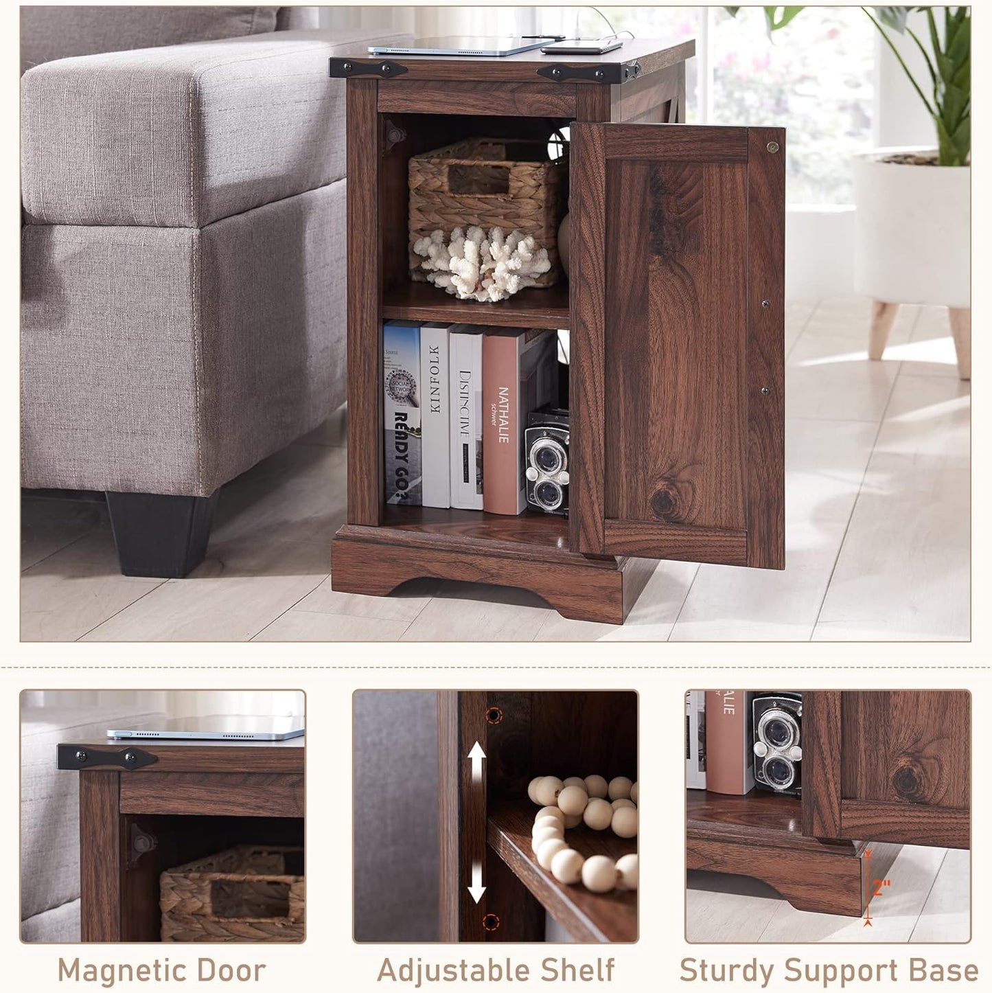 JXQTLINGMU Nightstand with Charging Station, Rectangular Farmhouse End Table with Barn Door and Adjustable Storage Shelf, 17" Deep Wood Rustic Sofa Side Table for Living Room, Bedroom, Brown