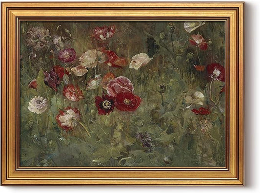 HUARCEY Framed Canvas Wall Art Prints, Bathroom Shelf Vintage Decor Aesthetic, Poppies Floral Paintings Farmhouse Wall Decor, Retro Table Desk Pictures for Bedroom Living Room, 12x16Inch