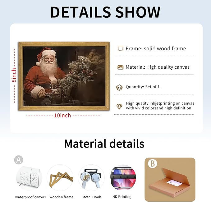 Christmas Wall Art Pictures, Vintage Christmas Wall Decor Prints, Vintage Santa Portrait Canvas Print Posters, Farmhouse Santa Pictures for Wall Framed 8x10 Inch