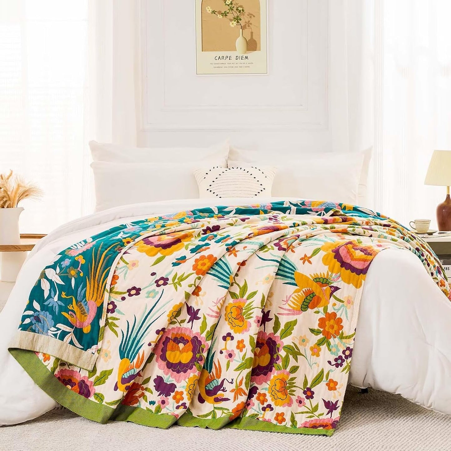 Boho Throw Blanket for Bed, 100% Cotton Soft Rustic Quilt Fall Blanket, 50"x60" Colorful Floral Printed Farmhouse Decor Bed Blankets, All Season Rustic Reversible Bohemian Throw Quilt