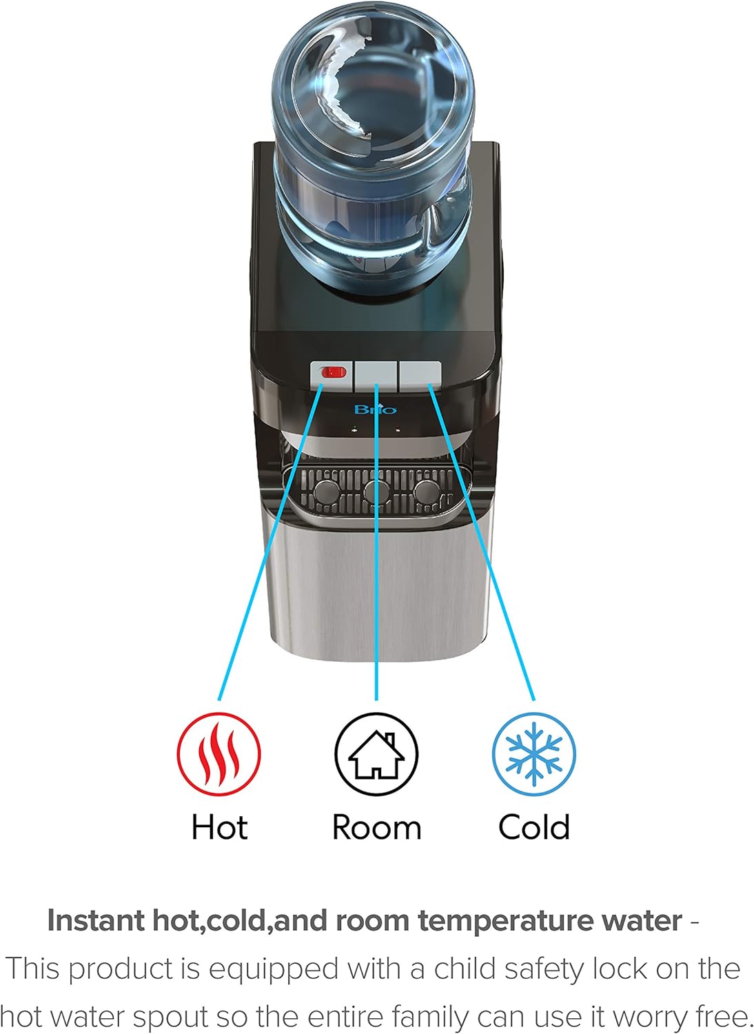 Brio Essential Series Top Loading Water Cooler Dispenser - Tri Temp Dispense, Child Safety Lock, Holds 3 or 5 Gallon Bottles - UL/Energy Star Approved