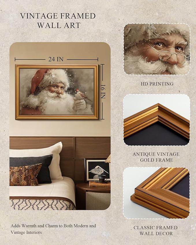 InSimSea Gold Framed Christmas Wall Art, Vintage Canvas Prints Decor, Santa Claus Paintings Large Wall Decor, Rustic Pictures for Winter Xmas Bedroom Holiday Decoration Gifts, 16x24inch
