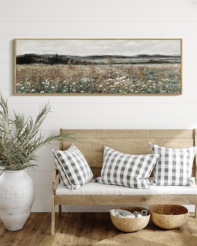 SHENIFY Vintage Landscape Framed Wall Art Meadow Flowers Farmhouse Decor Retro Classic Painting for Hallway Bedroom Living Room Dining Room - 12x36in Natural Framed