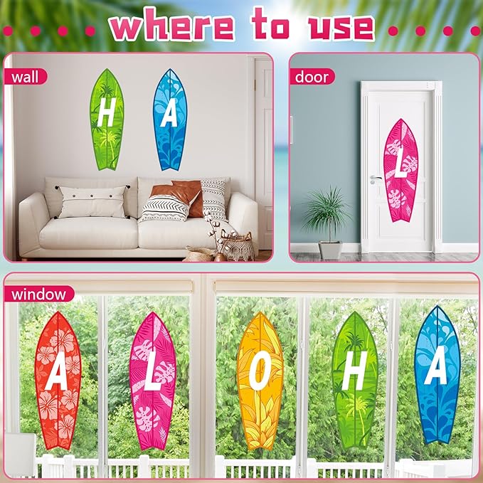 5 Pcs 28" Tall Summer Aloha Surfboard Cut Outs Accents Set Paper Beach Signs Cutouts Wall Decor for Hawaii Tropical Pool Surf Party Bulletin Board Decorations