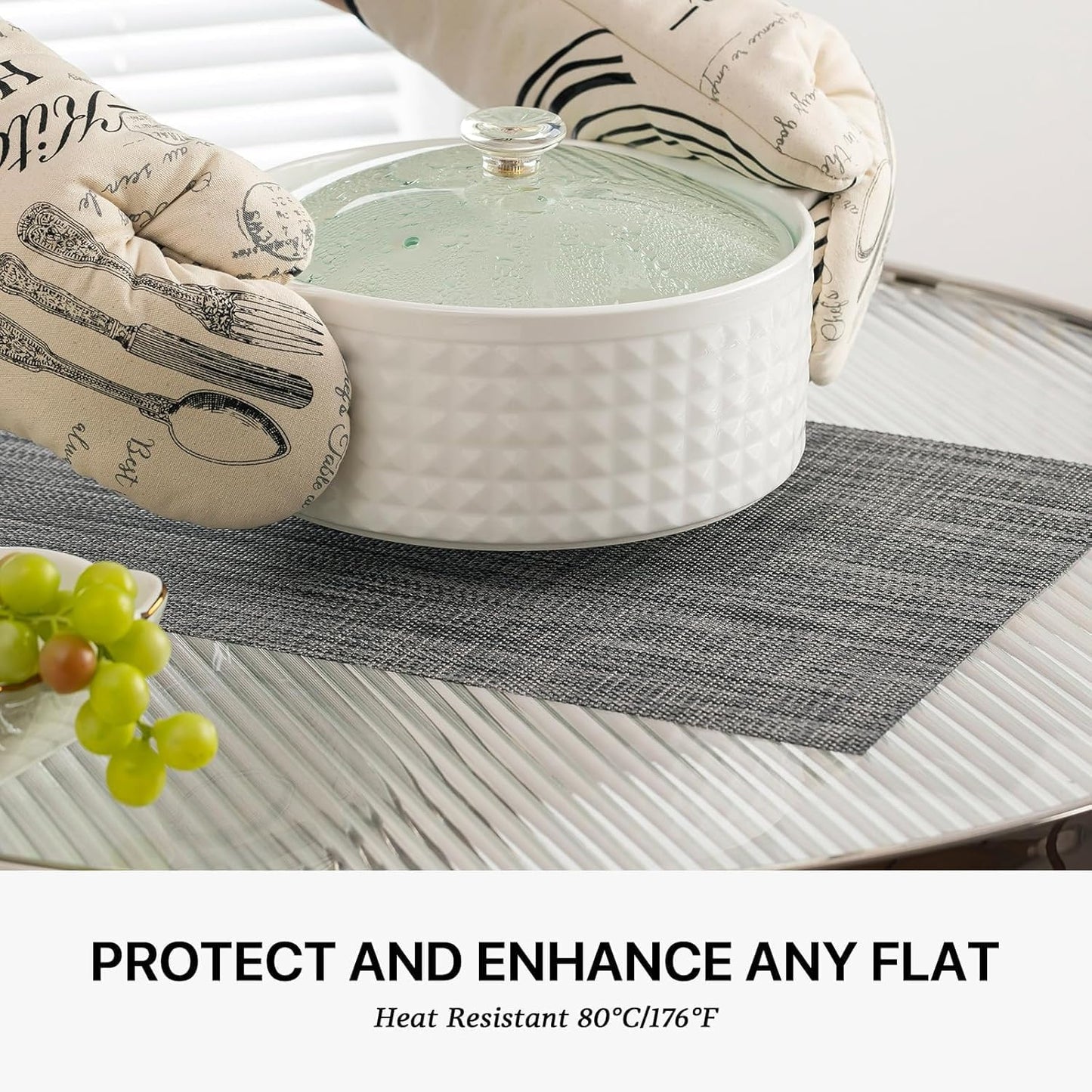 LEXMORE Placemats Set of 12 Vinyl/Plastic Woven Place Mats for Kitchen Table Indoor/Outdoor Washable Placemat Wipeable Dining Table Mats(A-Dark Gray)
