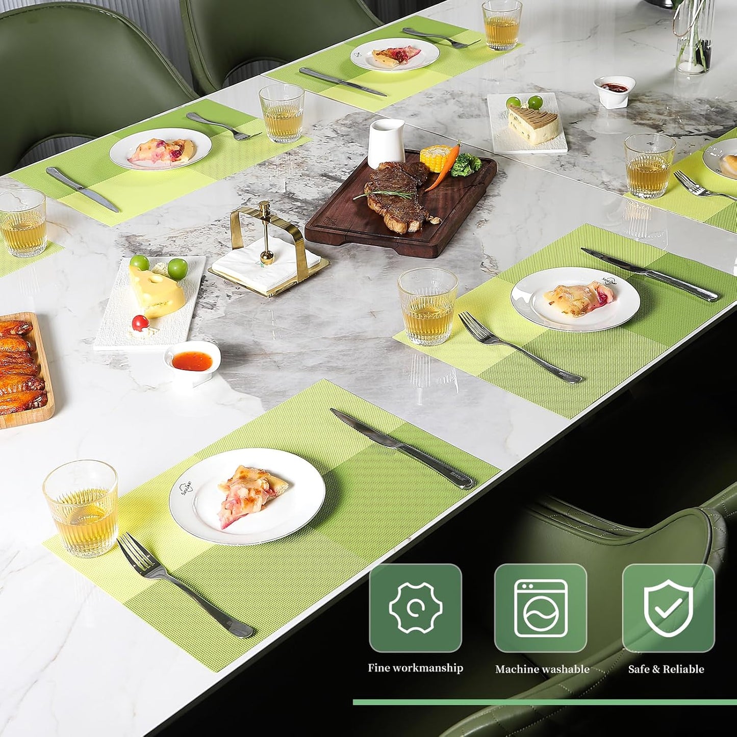Vinyl Plastic Placemats Set of 6 Washable Heat Resistant Non-Slip Elegant Indoor Outdoor Kitchen Dining PVC Woven Table Place Mats (Matcha Green Lattice Block)
