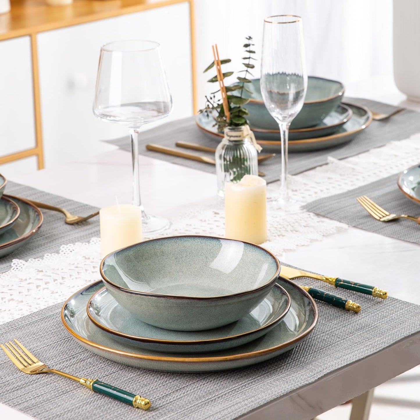 AmorArc Ceramic Dinnerware Sets,Handmade Reactive Glaze Stoneware Plates and Bowls Set,Highly Chip and Crack Resistant | Dishwasher & Microwave Safe,Service for 8 Dishes Set (24pc)