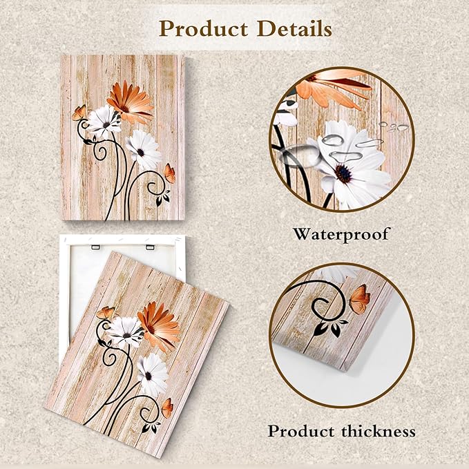 HVEST Orange Daisy Wall Art Vintage Floral and Butterfly on Rustic Wooden Canvas Wall Art Farmhouse Plant Wall Art for Living Room Bathroom Bedroom Office Decor, 10Lx8W Inches