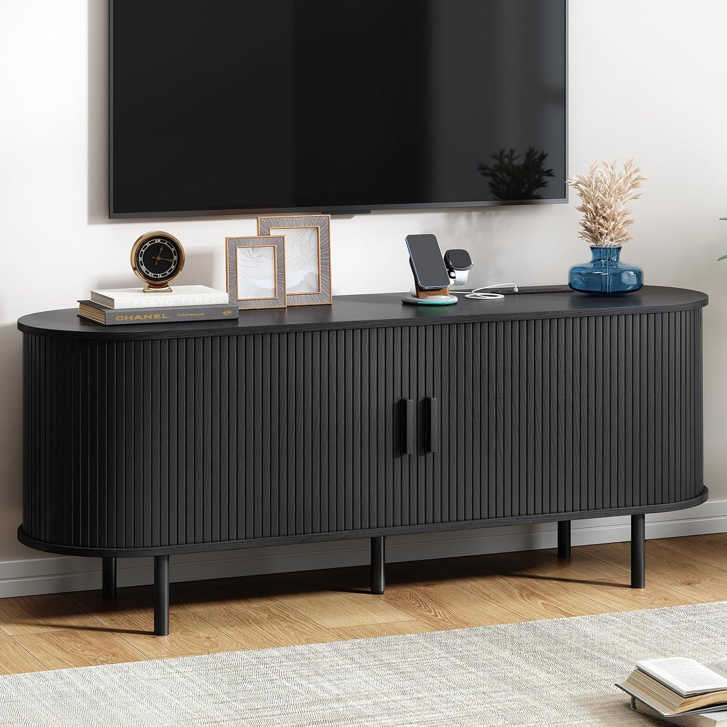 55" TV Stand with Power Outlet, Modern Media Console with Sliding Doors, Entertainment Center for TVs up to 60 Inch, Adjustable Shelves, Black