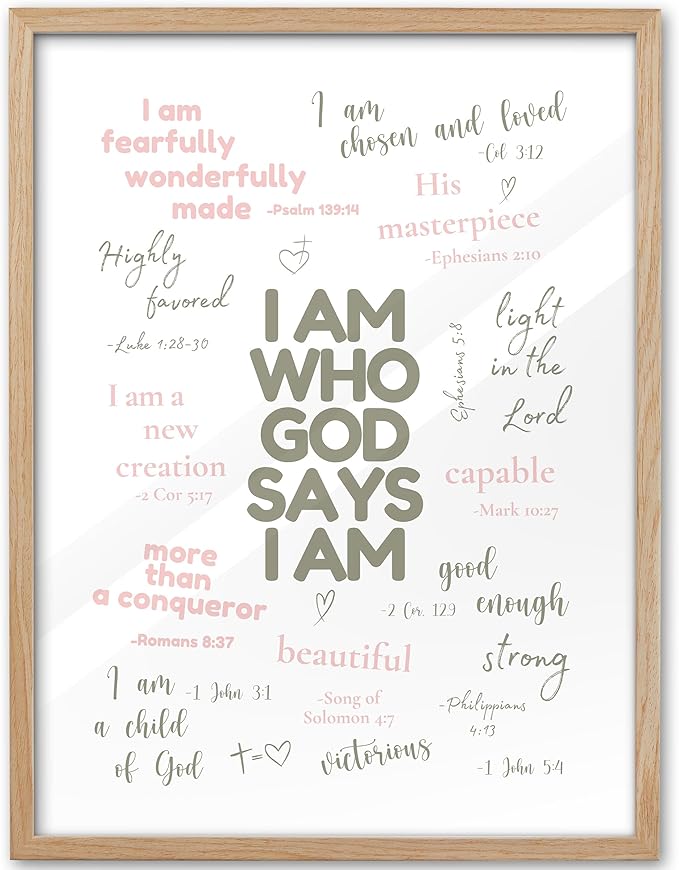 KensTro Christian Bible Verse Framed Wall Art, 12x16 in Sage and Pink Scripture Canvas Wall Art Prints,Godly Identity Poster for Christian Teen Girl Gifts Trendy Stuff Room Decor Set of 1
